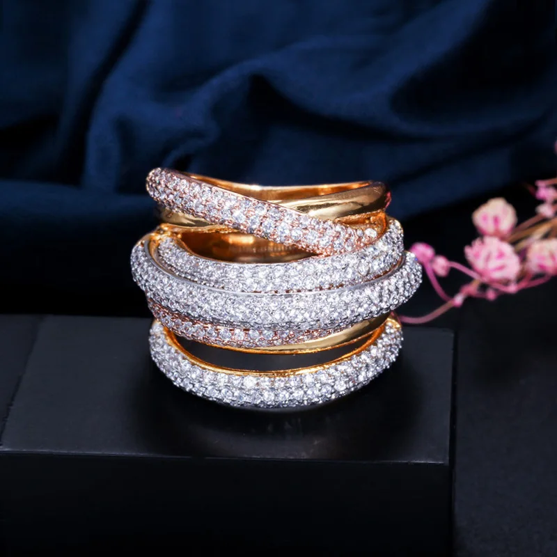 Cubic Zirconia African Big Women Engagement Wedding Party Finger Rings 3 Tones Gold Colour R105 crystal rings,engagement rings,zircon rings,stone rings,fashion rings,gold rings,wedding rings,finger rings,fashion ring,metal rings