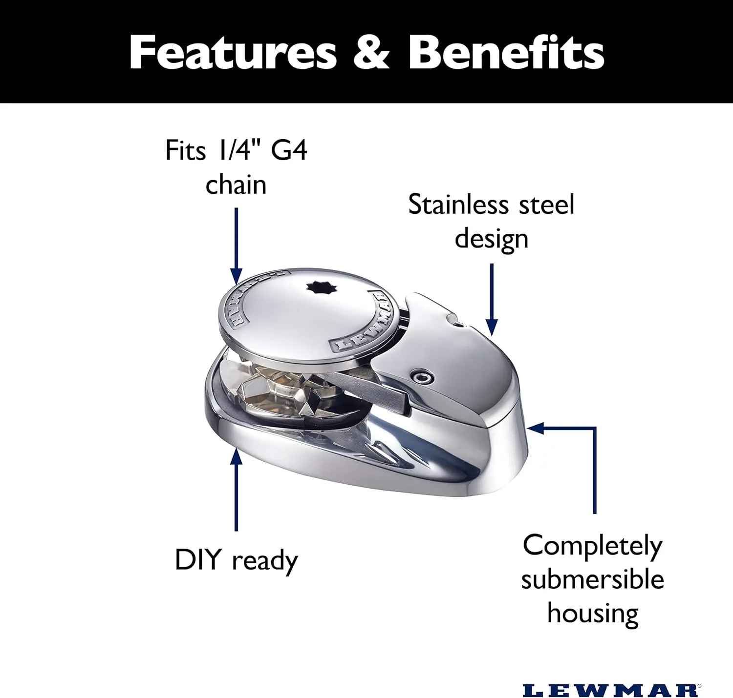 Vertical Windlass for 1/4" Chain, Fall Safe Gypsy, Maximum Pull 700 lbs., 316 Stainless Steel Construction, I