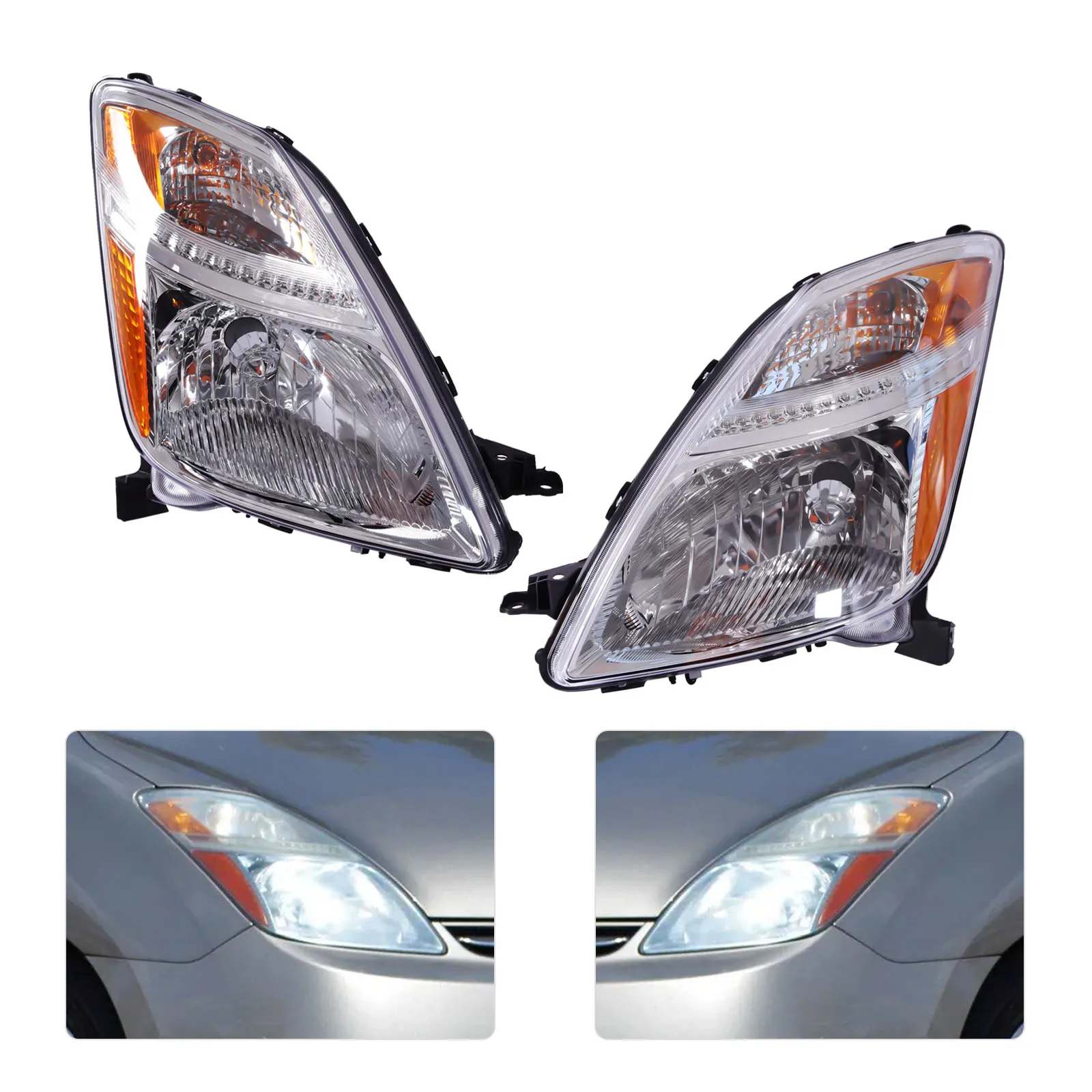 

Pair Headlights Halogen Headlamp Assembly For Toyota Prius 2004 2005 2006 LH RH Clear Lens H4 Bulb Turn Signal Side Marker Lamp