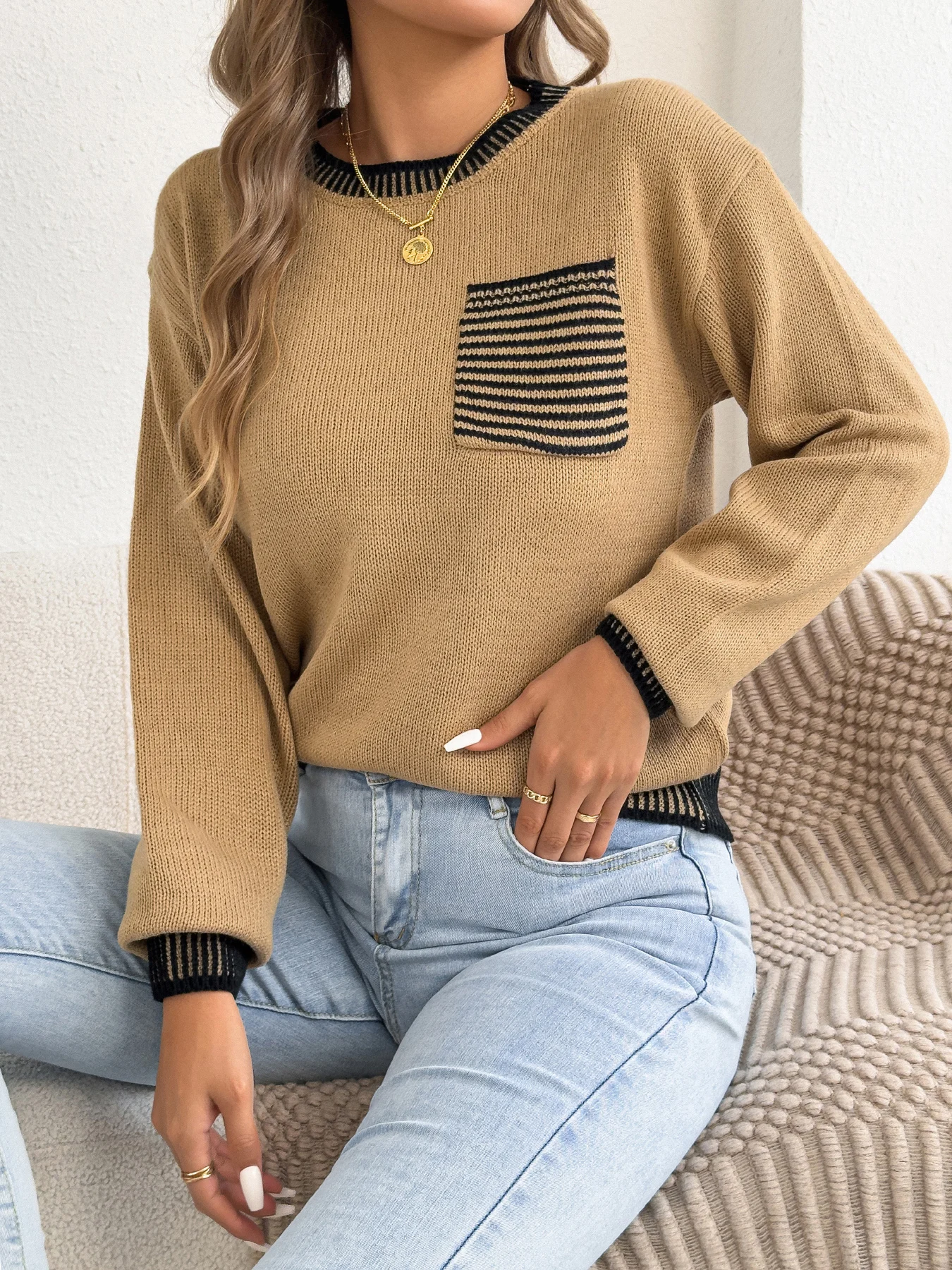 Women Casual Color Block Striped Sweaters