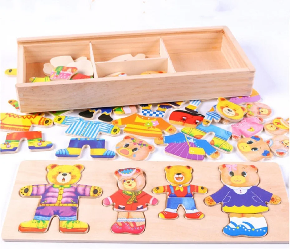 Children Puzzles Toys Little Bear Change Clothes Set Wooden Puzzle Early Education Jigsaw Dressing Game Toys For Baby Gifts