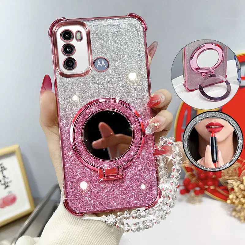 Glitter Shockproof Phone Case with Mirror Stand and Beaded Strap