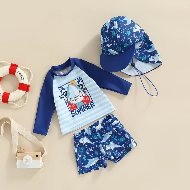 Toddler Baby Boys Swimsuit UPF 50+ Rash Guard Set Short Sleeve Blue Shark Dolphin Print Top+Shorts+Hat Swimwear Bathing Suit Kids swimsuits boys swim shorts
