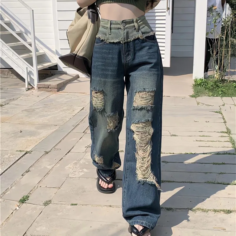 

Y2k Distressed Women Broken Hole Jeans Splice Contrast Color Fashion Vintage Gothic Loose Washed Mopping Pants Chic Streetwear