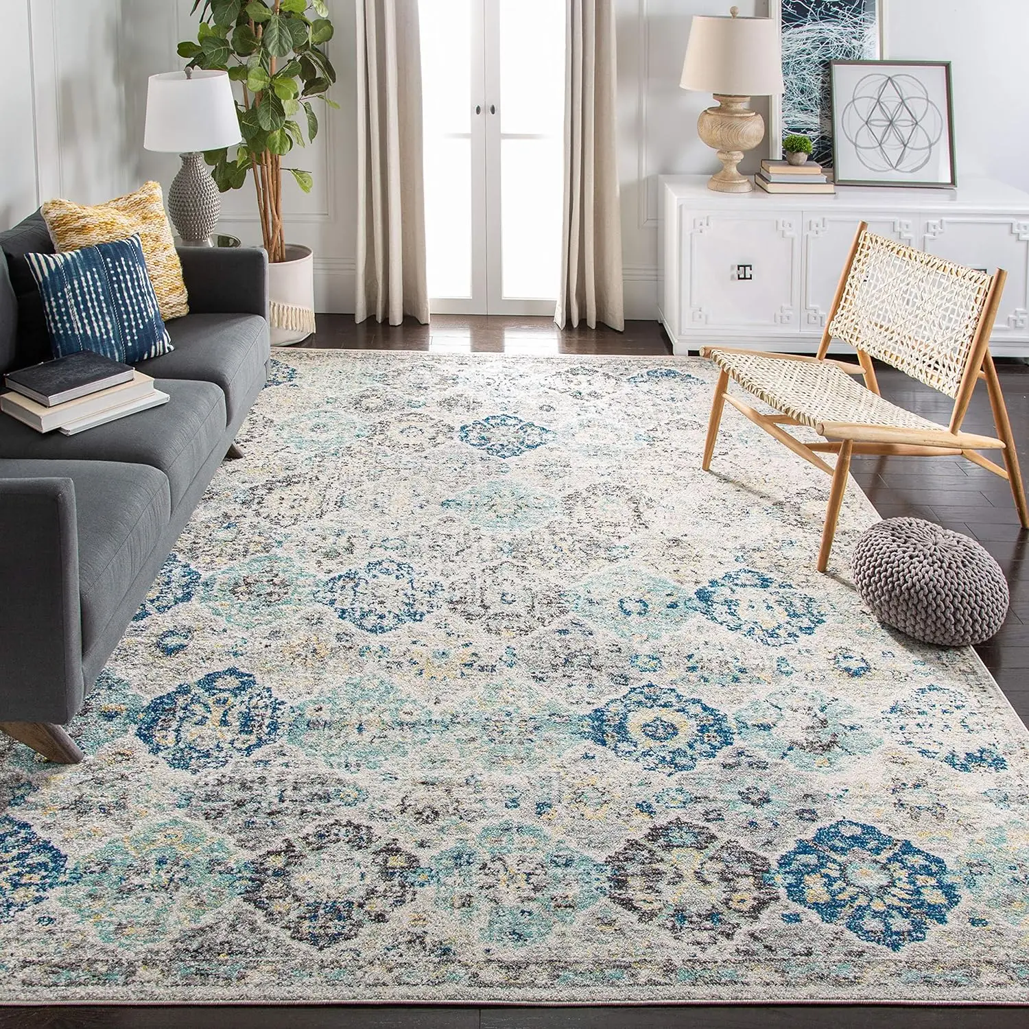 

Madison Collection Area Rug - 9' x 12', Ivory & Aqua, Boho Chic Distressed Design, Non-Shedding & Easy Care, Ideal for High