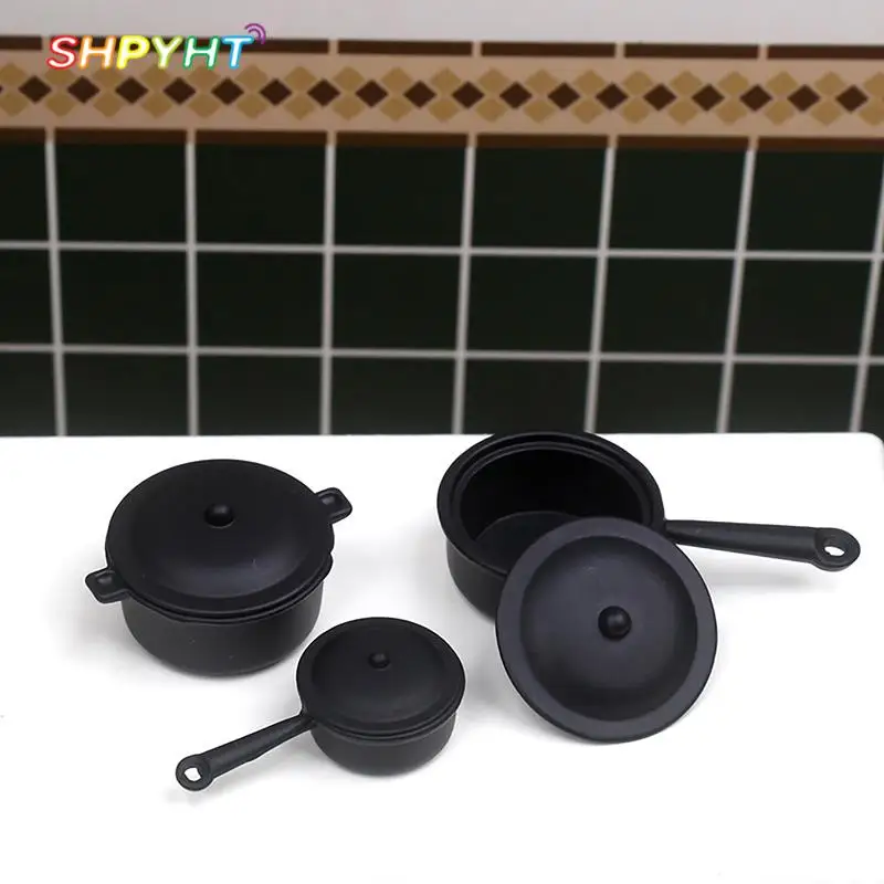 

1 Set Miniature Metal Black Soup Pot Pan W/Cover Gas Stove Kitchen Model Decor Toy For 1:6 1:12 Dollhouse Doll House Accessories
