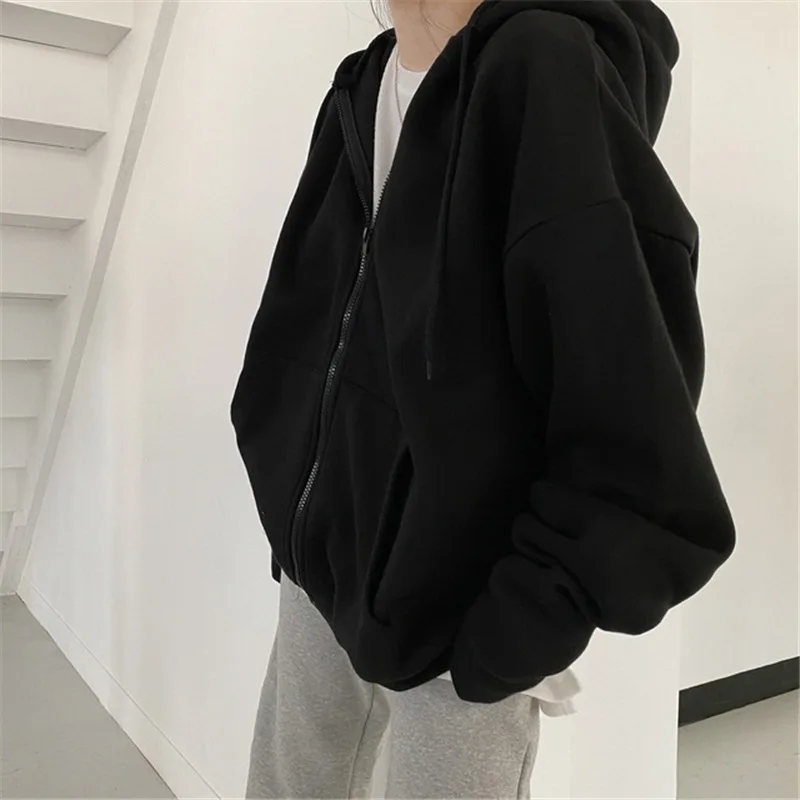 MODXCross border Autumn/Winter Zipper Hooded Sweater Women's Loose Cardigan Top Grey Plush Thickened Plush Solid Coat
