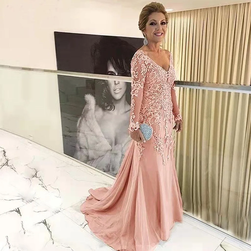 Mother Bride Dresses Gold Lace Mermaid Long Sleeves Applique V Neck Wedding Formal Party