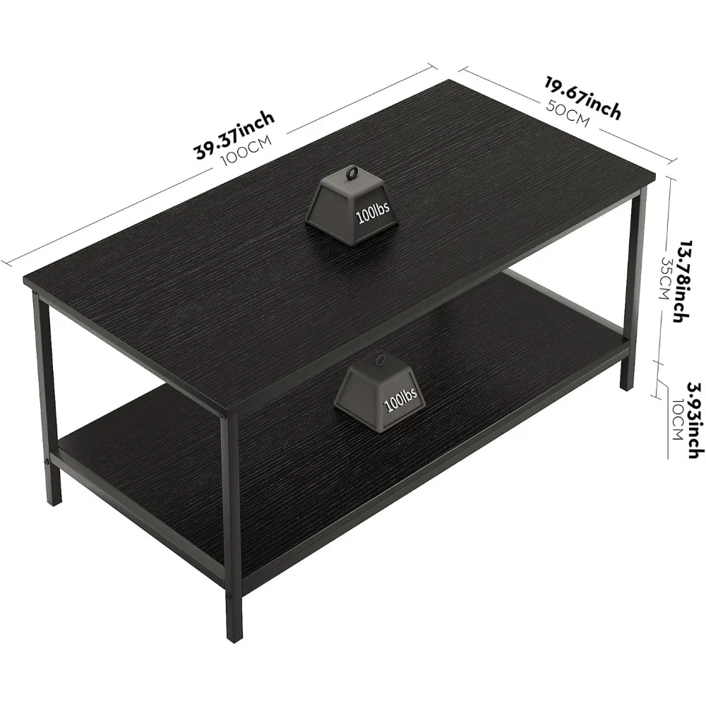 Black Coffee Table for Living Room Modern Rectangle 2-Tier Coffees Table with Storage Industrial Wood Center, Café Tables 3