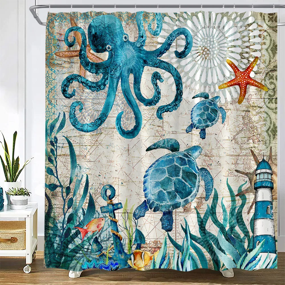 Ocean Shower Curtain Hooks Rings - Rust Proof Shower Curtain Hangers Set of  12, Silver Starfish Seahorse Turtle Octopus Sea Animals Decorative