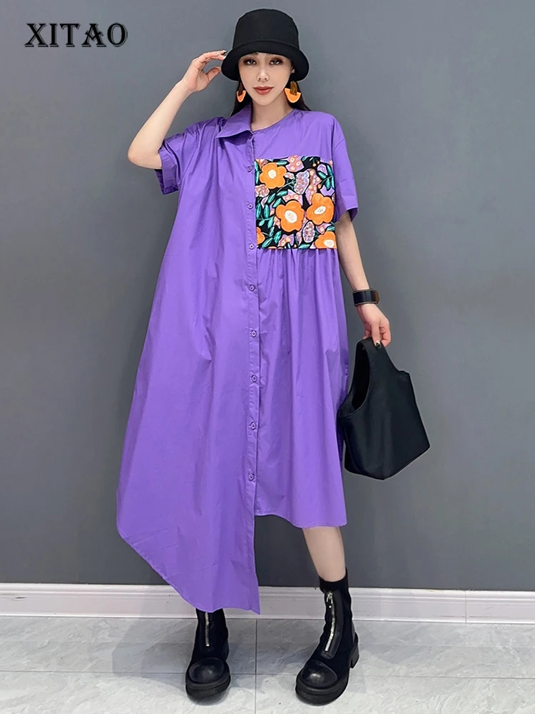 

XITAO Loose Asymmetric Shirt Dress Fashion Patchwork Print Women Summer New Casual Irregular Single Breasted Dress DMJ4093