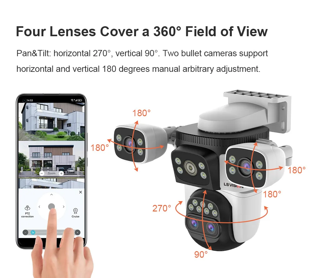 20MP WiFi Security Cameras 10X Zoom Three Screen Four Lens CCTV PTZ Auto Trackin