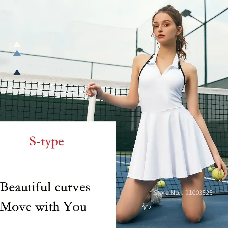 Women Sport Golf Tennis Polo Dress with Chest Pad Ladies Halter Pickball Dress Slim Badminton Workout Athletic Skirts with Short