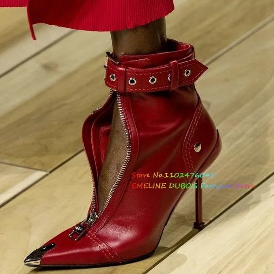 

Buckle Closure Leather Ankle Boots Metal Pointed Toe Side Zipper Stiletto Belt Buckle Super High Heel Large Women's Short Boots