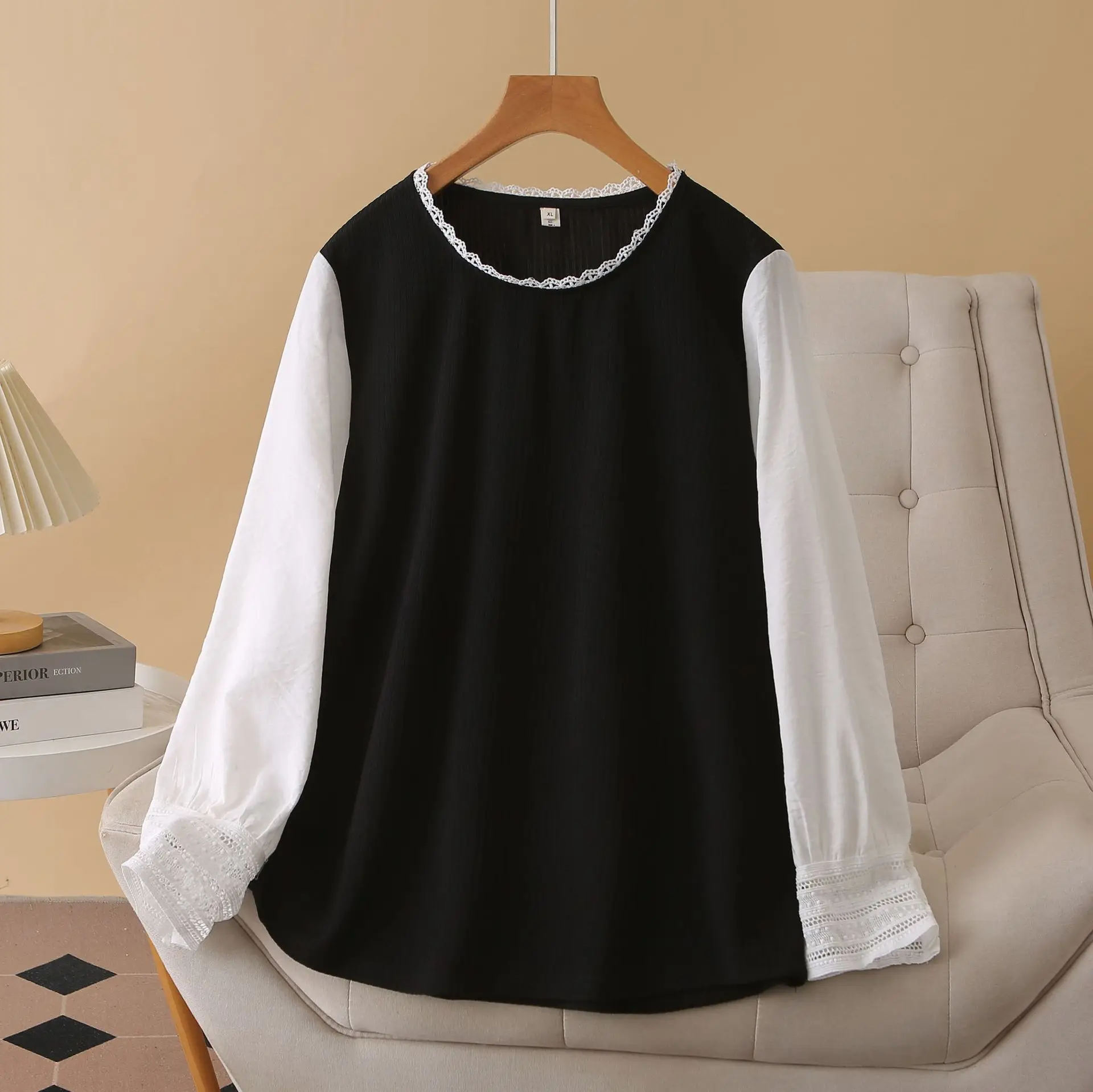 XXXXL Fashion Plus Size Women's T-Shirt 2025 Autumn New Stylish Casual Lace Round Neck Fake Two Piece Tops 2531