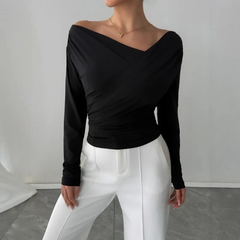 New Fashion Women's Irregular Cross-neck Long Sleeve T-shirt Spring and Autumn Off-shoulder Slimming Commuter Solid Color Top