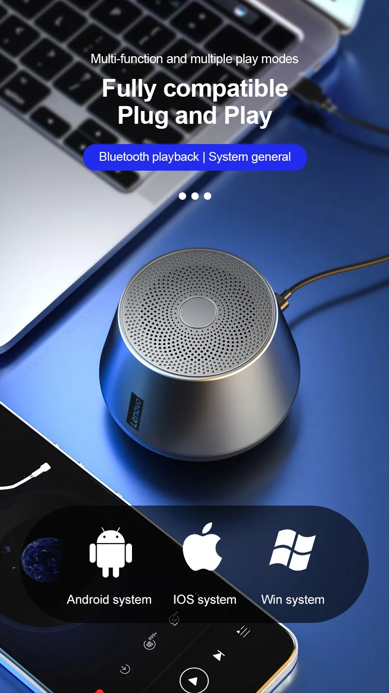 Original Lenovo K3 Pro Bluetooth 5.0 Portable Metal Speaker HiFi Surround Sound Speakers 1200mAh Lithium Battery Loudspeaker