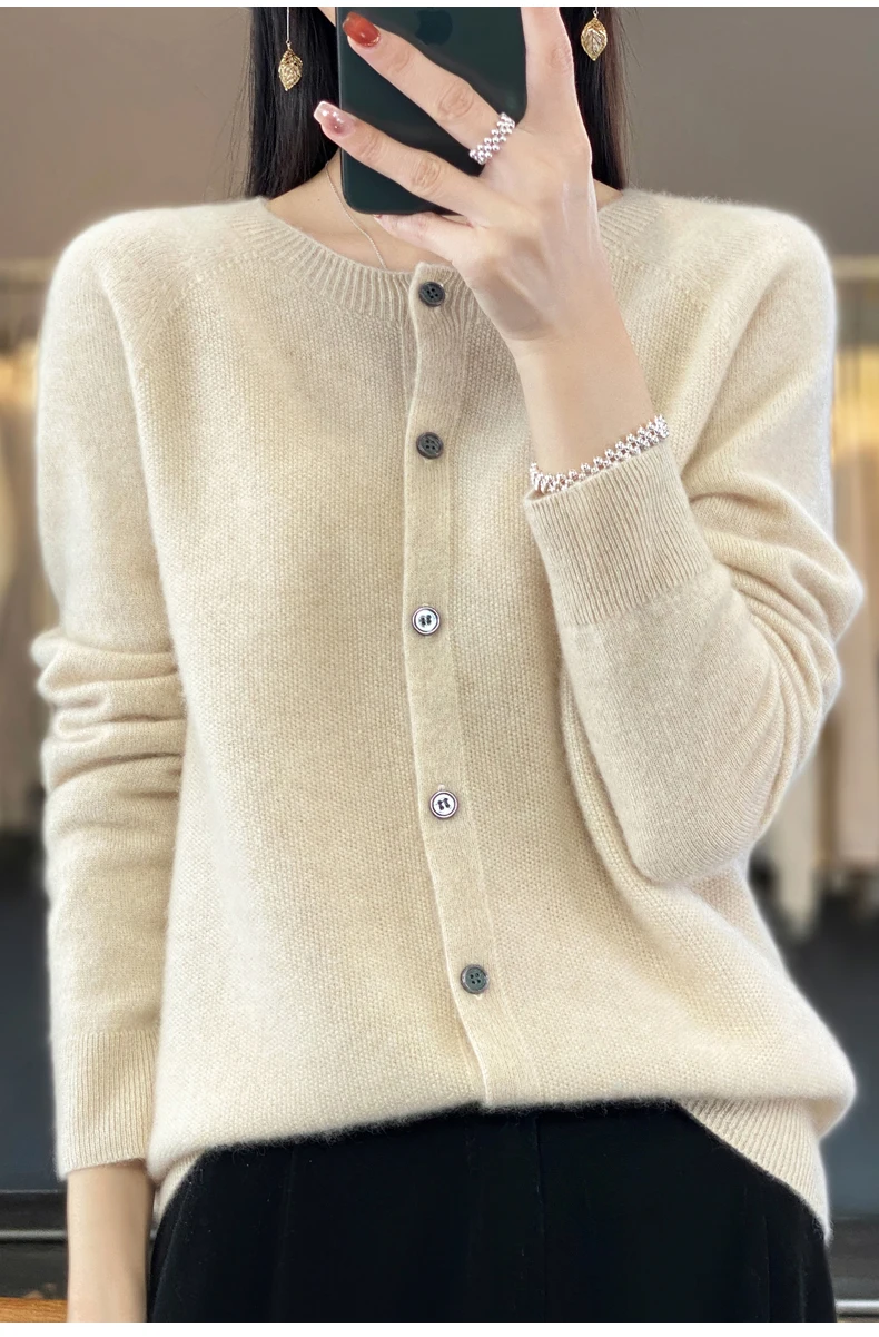 Women 100% Merino Wool Sweater Autumn Winter O-Neck First Line Seamless Cardigan Long Sleeve Clothing Cashmere Knitwear Tops