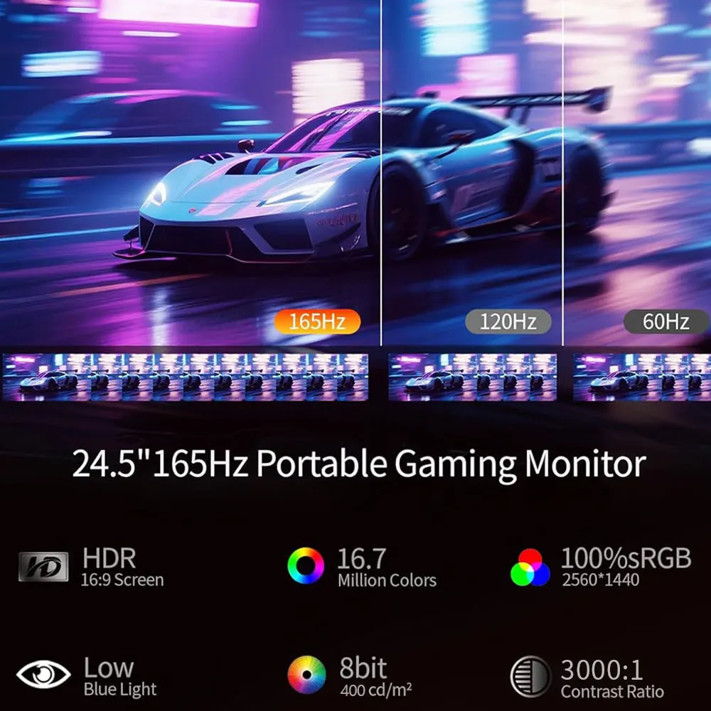 시볼란 24.5인치 2.5K 휴대용 모니터 터치스크린 165Hz 100% sRGB 400nit 디스플레이 확장기 타입-C HDMI 포트 게이밍 모니터