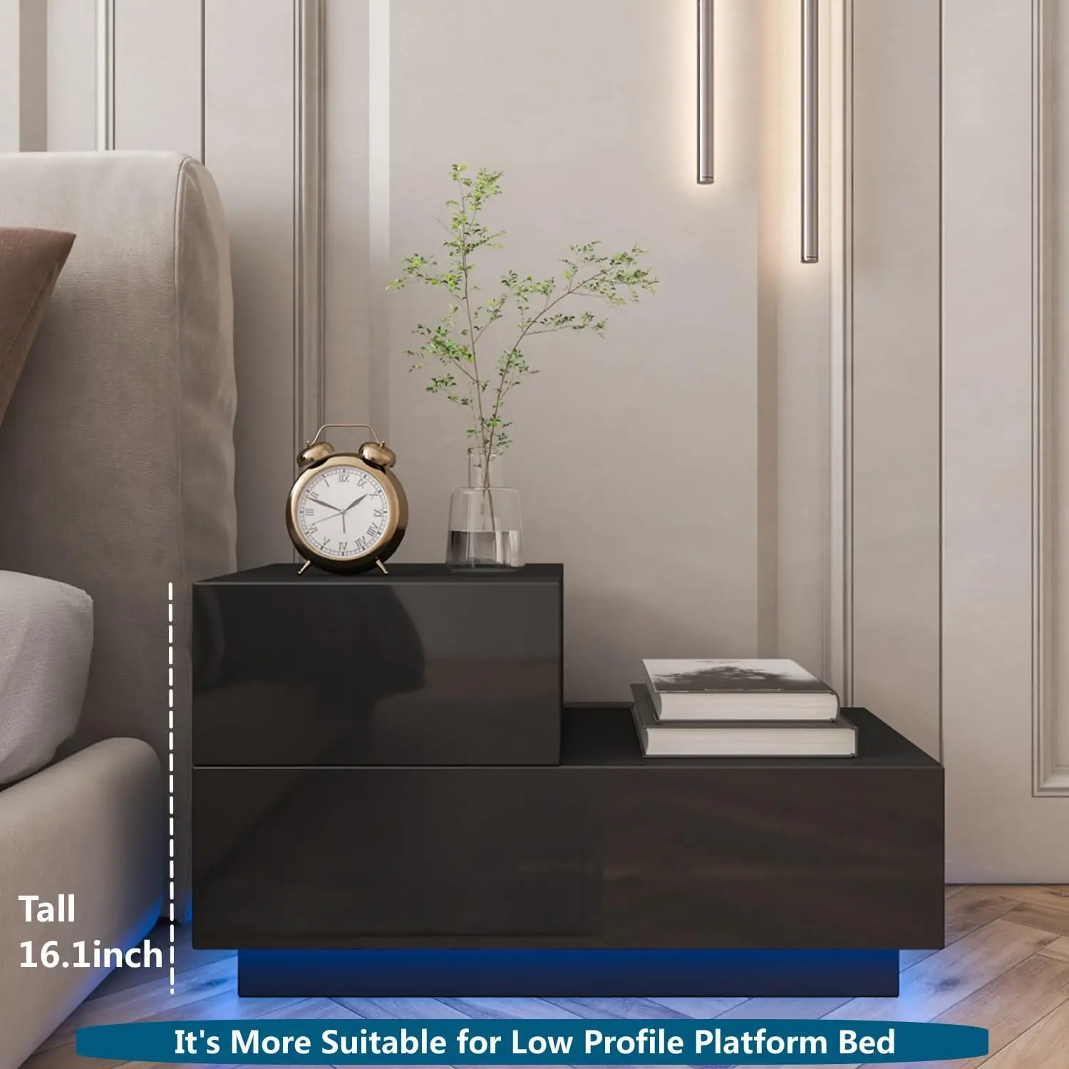 Small LED Nightstand Modern Black Night Table High Gloss Bedside Table with 2 Drawers Night Stand with Light End Side Tab