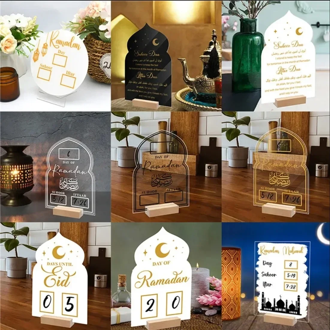 1pc Reusable Acrylic Ramadan Calendar Board Wooden Base Table Ornament Mubarak Eid Advent Day Suhoor Iftaar Countdown Home Decor