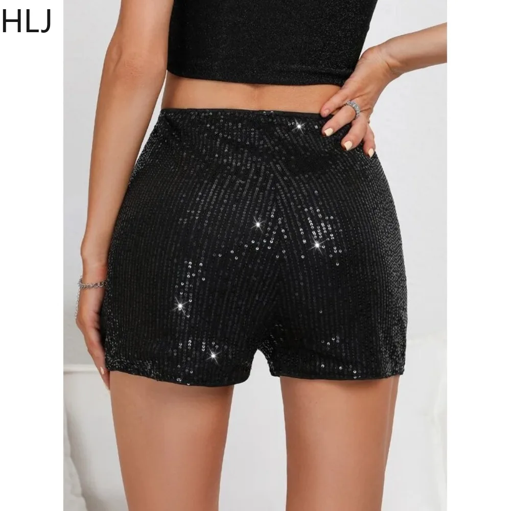 HLJ Black Fashion Sequin Straight Shorts Women High Waisted Slim Party Club Matching Bottoms Casual Female Solid Color Clothing