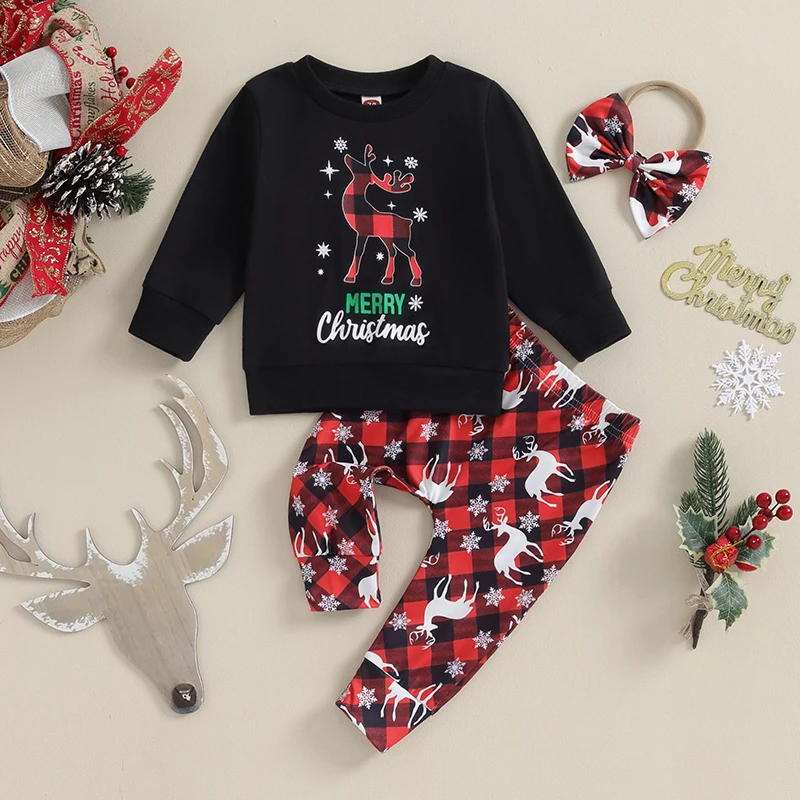 

2023-10-06 Lioraitiin 0-3Y Newborn Baby Girls Christmas Clothes Set Deer Print Long Sleeve Sweatshirt Pant Toddler Outfit