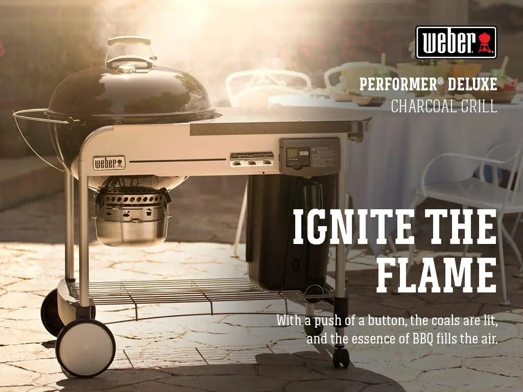 Performer Deluxe Charcoal Grill, 22-InchTouch-N-Go Gas Ignition System,Detachable LCD cooking timer and built-in lid thermometer