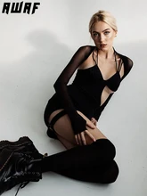 

AWAF Hollow Out Halter Neck Mini Dress for Women Sexy Straps Long Sleeves V Neck Slim Dress Elegant Club Party Evening Clothes