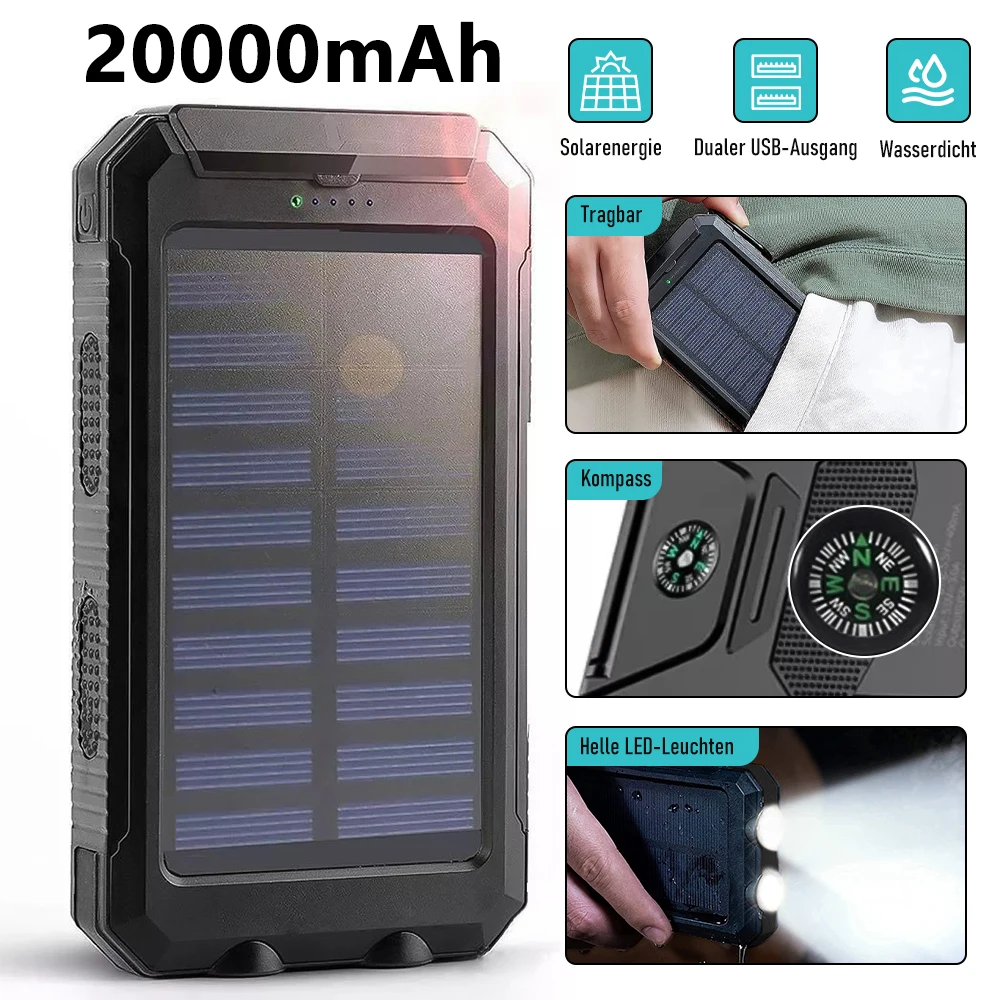 Banco de Energía Solar para Exteriores de 20000mAh, Resistente al Agua IP67, Cargador USB Dual con Linterna LED, Luz SOS, Brújula, Batería Externa Portátil