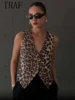 TRAF Spring Summer Women's Leopard Vest 2024 Fashion V-Neck Single-Breasted Vest Top Female Casual Cropped Sleeveless Coat New 1