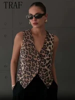 TRAF Spring Summer Women's Leopard Vest 2024 Fashion V-Neck Single-Breasted Vest Top Female Casual Cropped Sleeveless Coat New 1