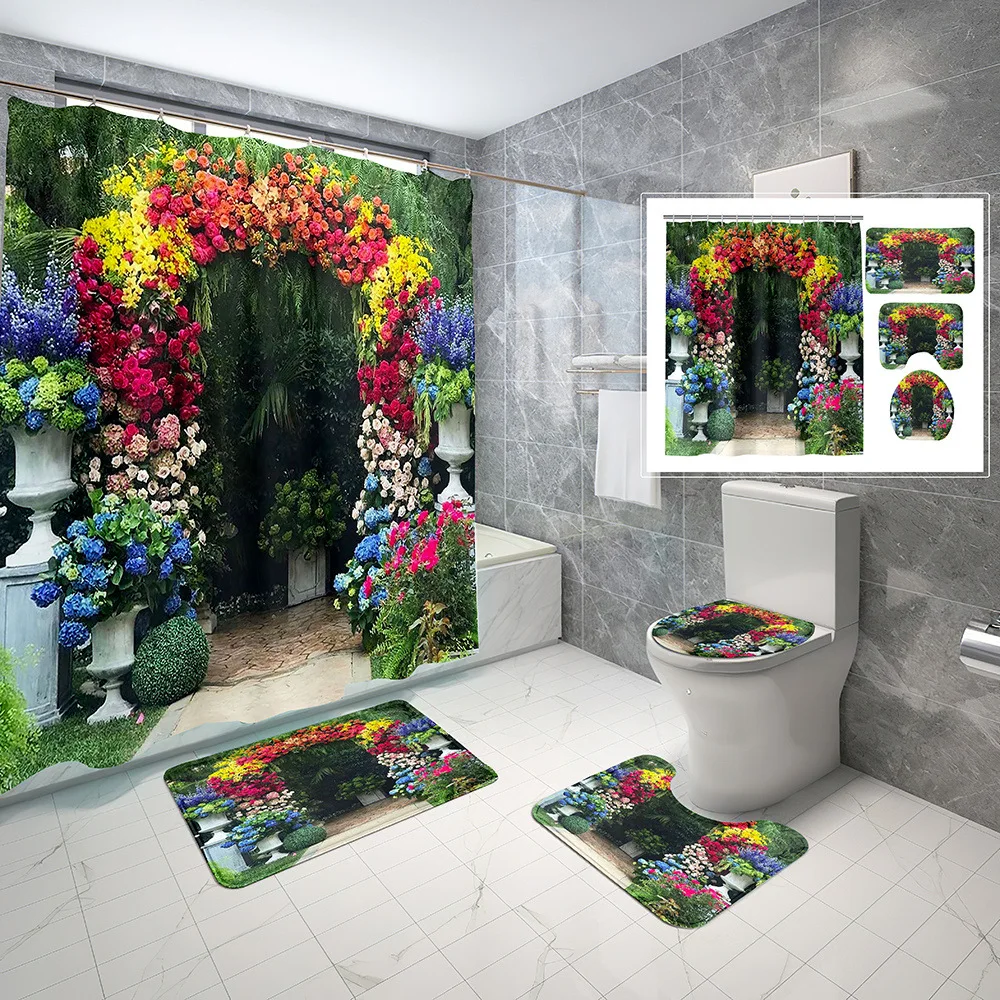 Arch Floral Bathroom Shower Curtain Set Natural Floral Plant Scenery Modern Garden Wall Hanging non-slip Mat Family Bathroom Set