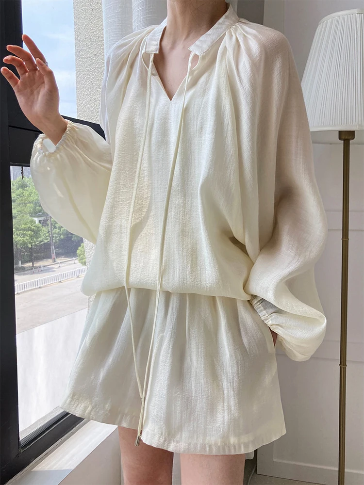 

High Quality Lace Up Long Sleeve Sunscreen Shirts+Wide Leg Shorts Khaki White Black Summer Women Two Piece Set