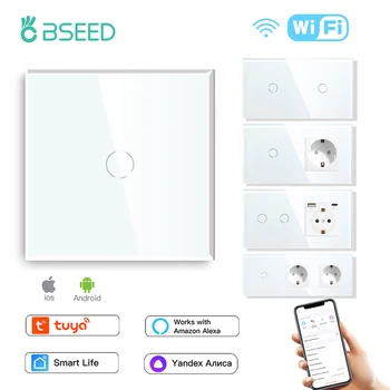 BSEED Wifi Touch สวิทช์สวิทช์ไฟผนัง EU ซ็อกเก็ต USB Type-C ปลั๊ก Tuya Smart Life Alexa Yandex App ควบคุมแผงกระจก 1