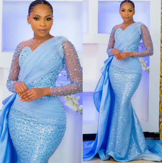 

Aso Ebi Crystals Beaded Prom Dresses sky blue Sequined Lace Mermaid Evening Second Reception Birthday Engagement Gowns Dress