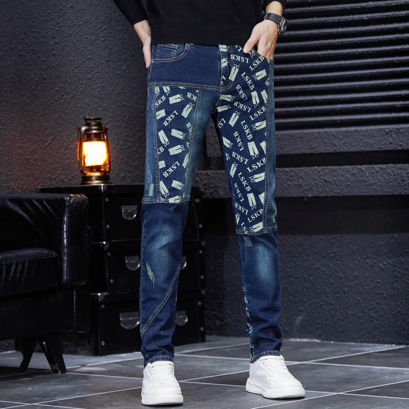 High Street Personality Jeans Men's Fashion Stitching Printing Trend Youth Men's Clothing Party Pencil Pants Motorcycle Trousers