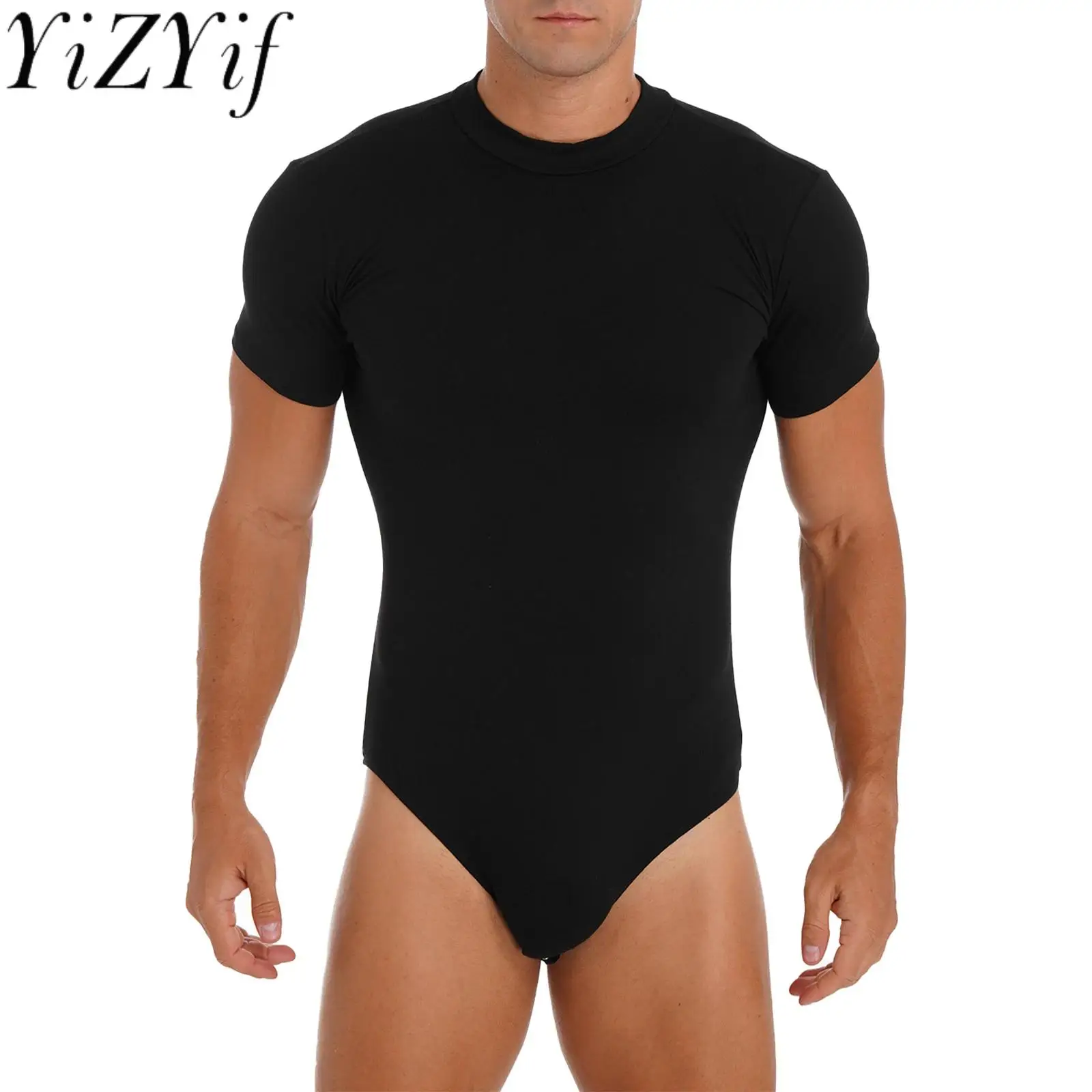 

Mens Crew Neck Short Sleeve Leotard Undershirt Press Button Down Workout Bodysuit Casual Nightwear Solid Color Skinny Jumpsuit