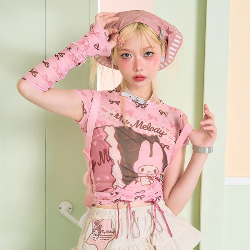 

Kawaii Sanrioed New My Melody Cinnamoroll Kuromi Anime Peripheral Girls Sweet Spicy Tops Cartoon Thin Section Short Sleeves