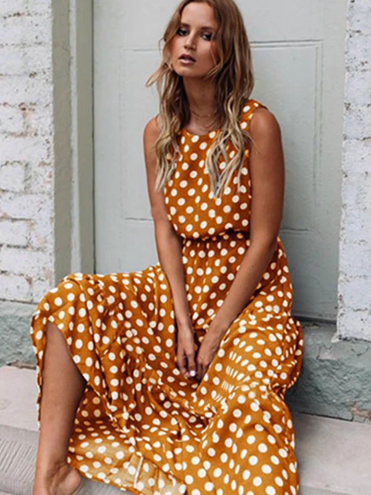 

Summer Sleeveless Polka Dot Print Women Midi Dress Casual Fashion Dresses A-Line Boho Elegant Beach Long Dress Vestidos