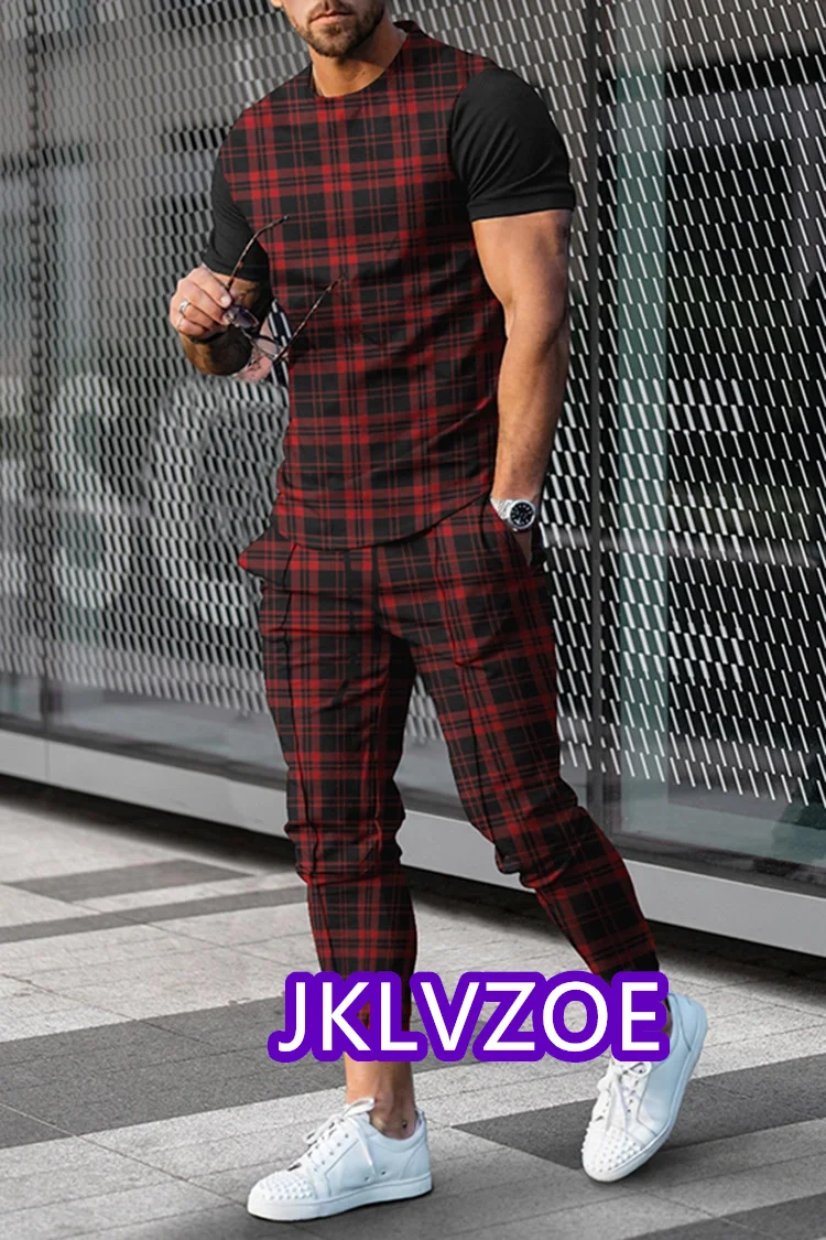 Men's Tracksuit 2 Piece Set Jogger Clothes Stripe 3D Printed Short Sleeve Suit Fall Casual Tshirts+Trousers Outfits Streetwear