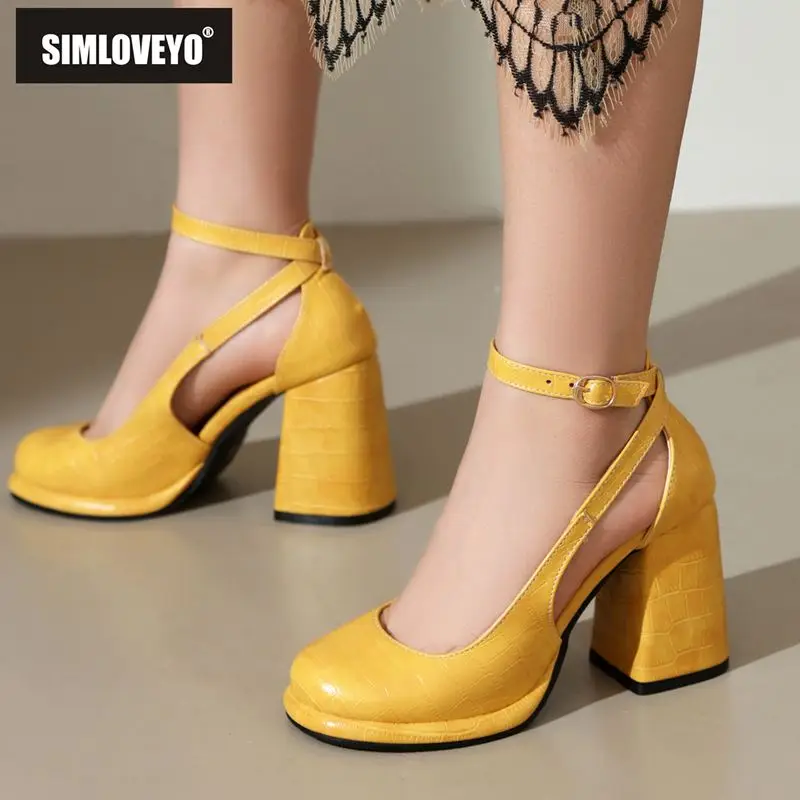 

SIMLOVEYO Fashion Women Pumps 32 33 Round Toe Block Heels 9cm Platform Plaid Ankle Buckle Strap Big Size 42 43 Sexy Dating Shoes