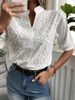 Summer Women's White Top Blouse New Fashion Elegnat V Neck Short Sleeve Casual Office Party Tops Shirts Female Lace Shirt 2