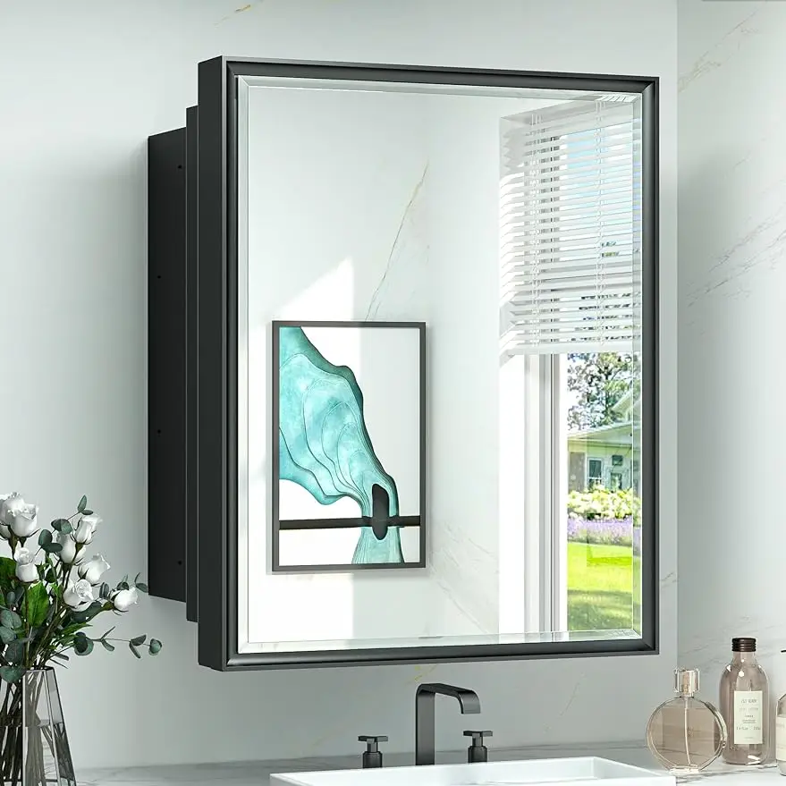 

TokeShimi 24x30 Recessed Medicine Cabinet Bathroom Vanity Mirror Black Metal Framed Surface Wall Mounted with Aluminum Alloy