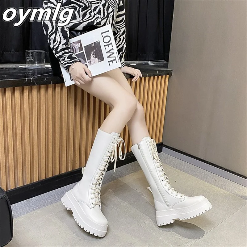 Women's mid to long boots, black boots, 2022 new high leather boots, lace up boots