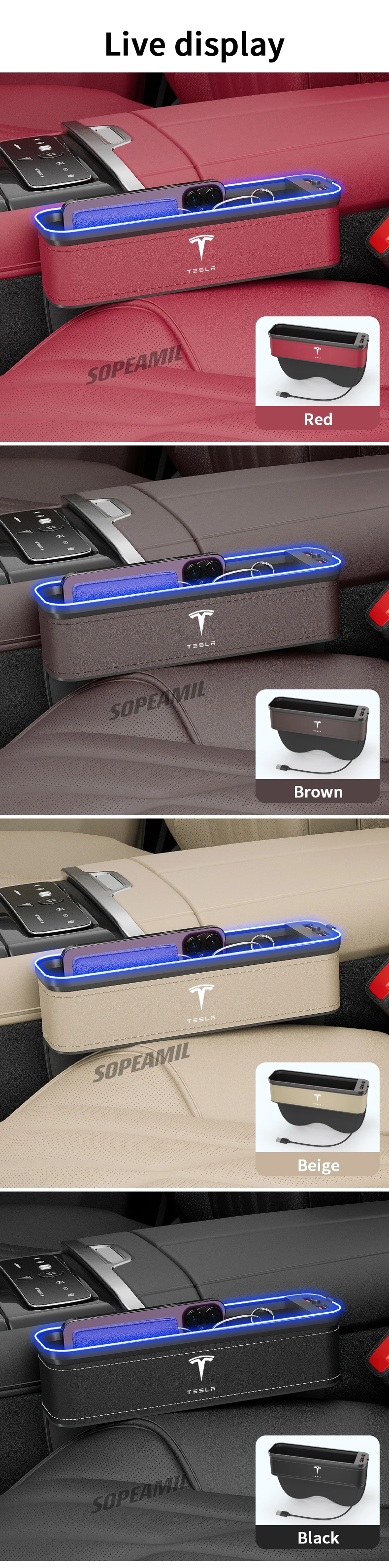 Car USB Charging Multifunction Crevice Storage Box Seat Gap Box For Tesla Cybertruck Roadster Model 3 Model Y Model S Model X