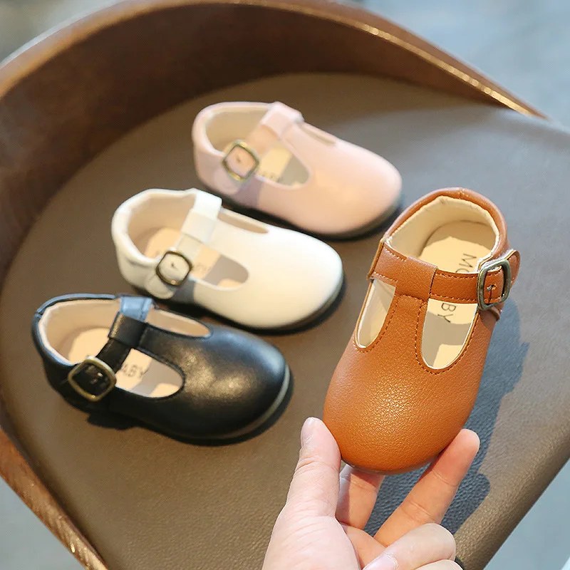 Fashion Leather Shoes For Girls Simple T-strap Kids Flats Children Flats Casual Soft Anti-slip 15-30 Hot Princess Infants Sweet