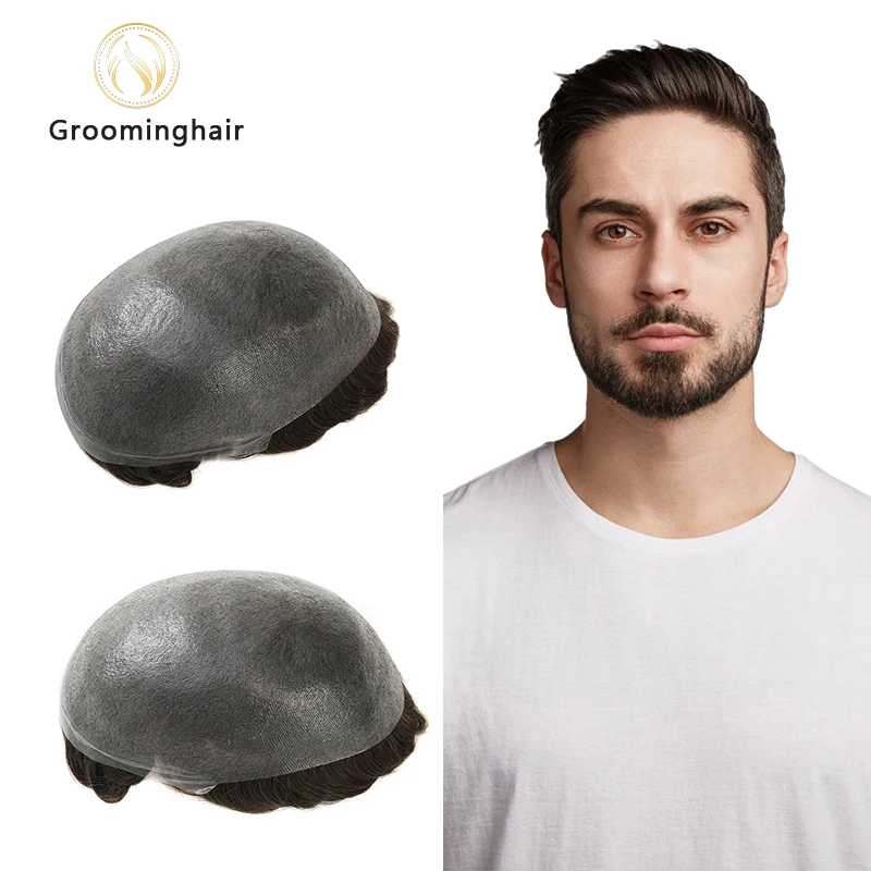 0.02-0.04MM V Loop Hair Men Toupee 0204 Skin PU Human Hair Prosthesis Wig Full Skin PU Hairpiece Men Toupee Replacement human hair toupee,synthetic hair pieces