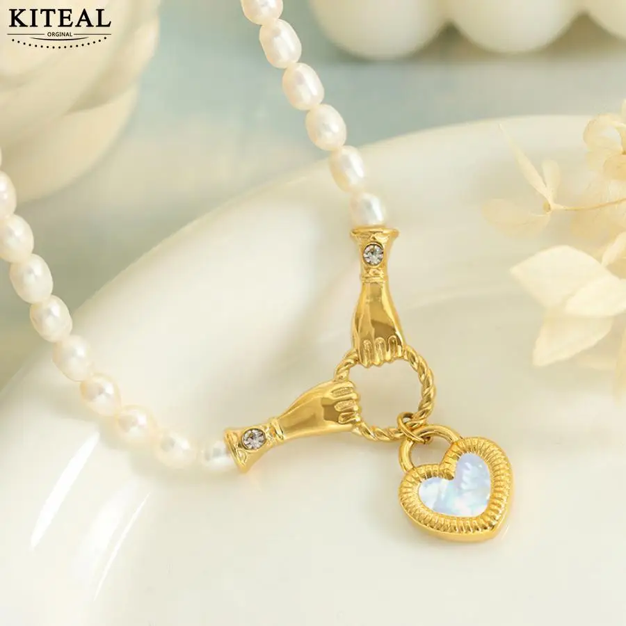 

KITEAL 2022 trend Gold color Perfume women pendant heart shaped handshake pendant freshwater pearl necklace bead necklace bone