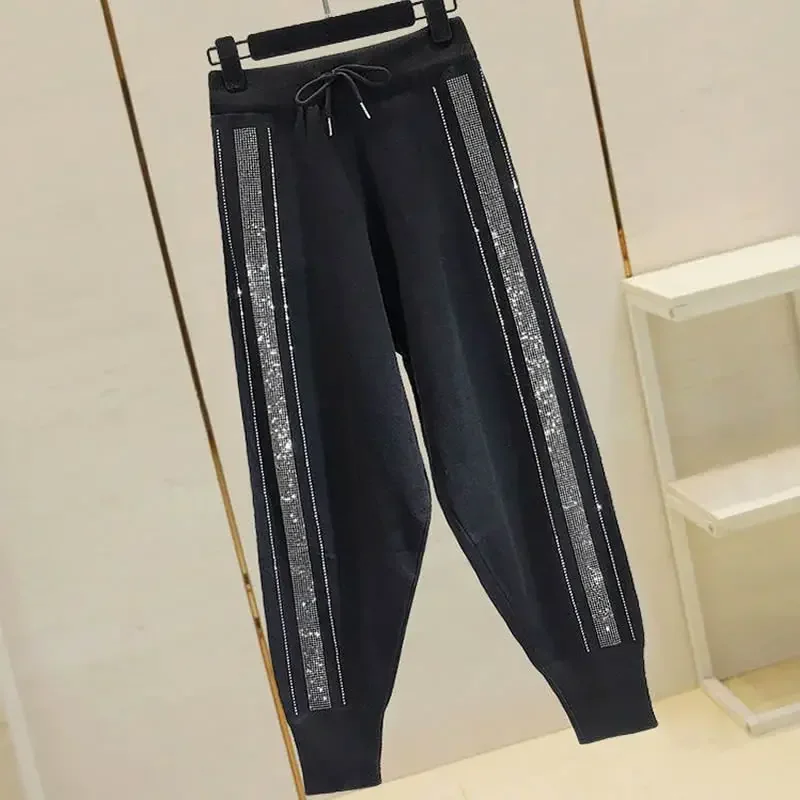 Loose Fit Black Knitted Harem Pants for Women with Diamond Rhinestone Decoration Elastic Waistband Sweatpants Cropped Pants 6